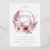 ほこりっぽいピンクシルバーフォイルモダンボホリース結婚ズ 箔招待状 (正面)