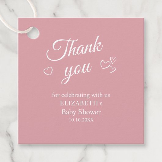 ほこりっぽいピンクシンプル色の赤ちゃんシャワーありがとうメッセージカード フェイバータグ (正面)