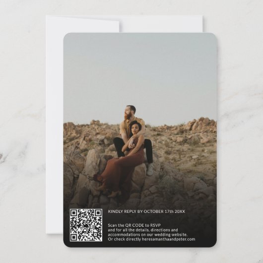 ほこりっぽいピンクスクリプト名3枚の写真qrコード結婚s 招待状 (裏面)