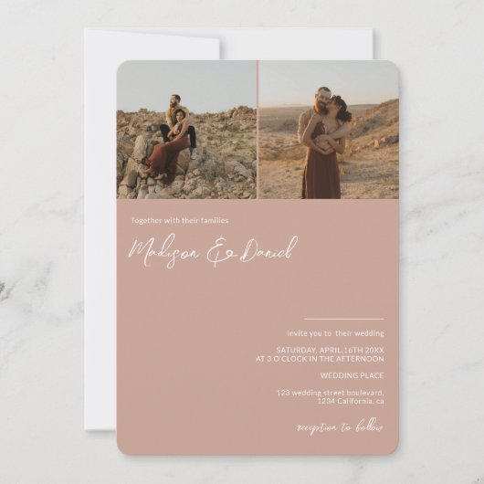 ほこりっぽいピンクスクリプト名3枚の写真qrコード結婚s 招待状 (正面)