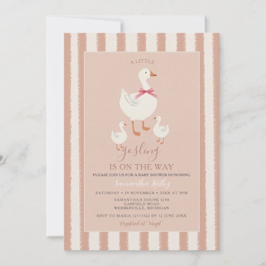 ほこりっぽいピンクストライプのかわいい小さなゴスリング赤ちゃんシャワー 招待状 (正面)