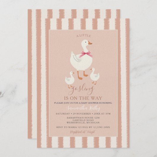 ほこりっぽいピンクストライプのかわいい小さなゴスリング赤ちゃんシャワー 招待状 (正面/裏面)