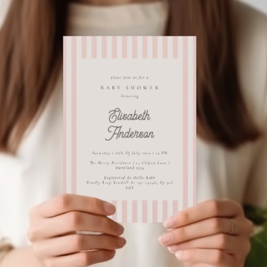 ほこりっぽいピンクストライプ色の女の子ベビーシャワー招待状 招待状