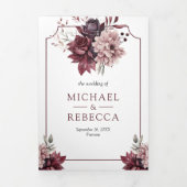 ほこりっぽいピンクバーガンディフローラフレーム結婚QRコード 三つ折り招待状 (カバー)