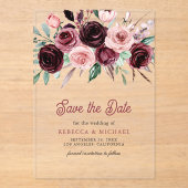 ほこりっぽいピンクバーガンディフローラ結婚式の日付を保存 アクリル招待状 (正面)