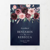 ほこりっぽいピンクバーガンディフローラQRコード海軍結婚ズ 三つ折り招待状 (カバー)