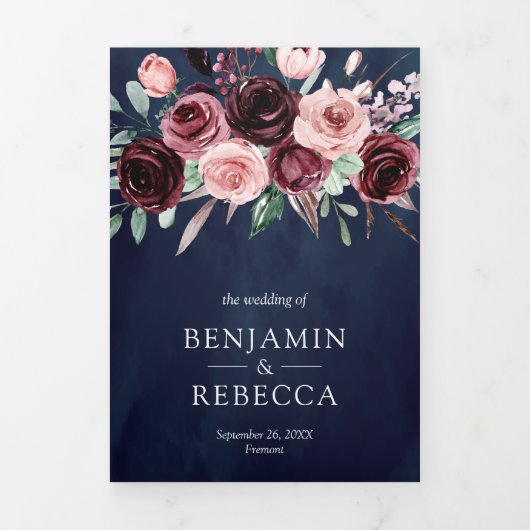 ほこりっぽいピンクバーガンディフローラQRコード海軍結婚ズ 三つ折り招待状 (カバー)