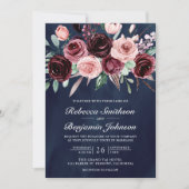 ほこりっぽいピンクバーガンディフローラQRコード海軍結婚ズ 招待状 (正面)