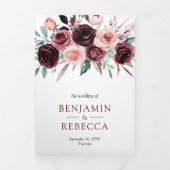 ほこりっぽいピンクバーガンディフローラQRコード結婚ズ 三つ折り招待状 (カバー)