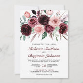 ほこりっぽいピンクバーガンディフローラQRコード結婚ズ 招待状 (正面)