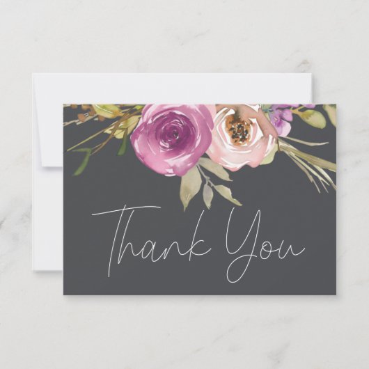 ほこりっぽいピンクパープルフローラエレガントサンキューカード サンキューカード (正面)
