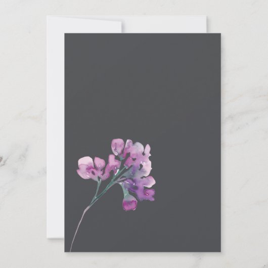 ほこりっぽいピンクパープルフローラ炭ブライダルシャワー 招待状 (裏面)