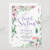 ほこりっぽいピンクパープルワイルドフラワースウィート16 招待状 (正面/裏面)