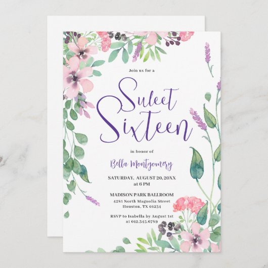 ほこりっぽいピンクパープルワイルドフラワースウィート16 招待状 (正面/裏面)