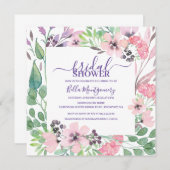 ほこりっぽいピンクパープルワイルドフラワーブライダルシャワー 招待状 (正面/裏面)