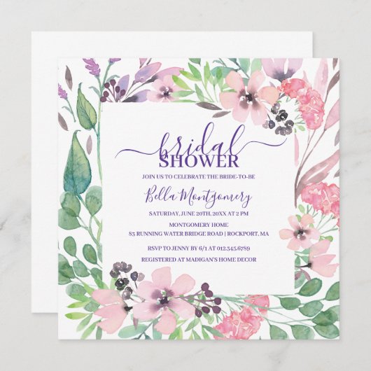 ほこりっぽいピンクパープルワイルドフラワーブライダルシャワー 招待状 (正面/裏面)
