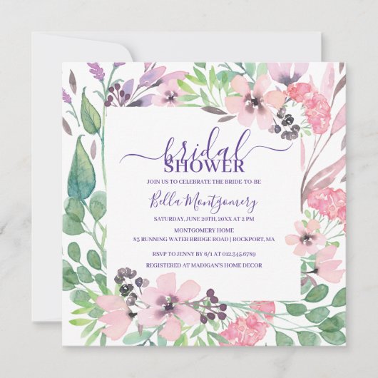 ほこりっぽいピンクパープルワイルドフラワーブライダルシャワー 招待状 (正面)