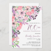 ほこりっぽいピンクパープルワイルドフラワー100誕生日 招待状 (正面/裏面)