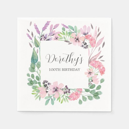 ほこりっぽいピンクパープルワイルドフラワー100th誕生日パーティー スタンダードカクテルナプキン (正面)