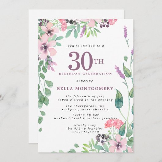 ほこりっぽいピンクパープルワイルドフラワー30th誕生日 招待状 (正面/裏面)