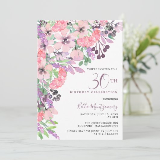 ほこりっぽいピンクパープルワイルドフラワー30th誕生日 招待状 (スタンド正面)