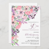 ほこりっぽいピンクパープルワイルドフラワー30th誕生日 招待状 (正面/裏面)
