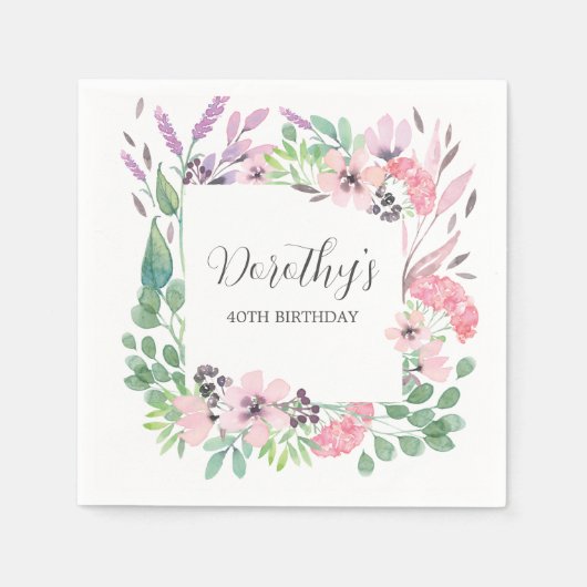 ほこりっぽいピンクパープルワイルドフラワー40th誕生日パーティー スタンダードカクテルナプキン (正面)