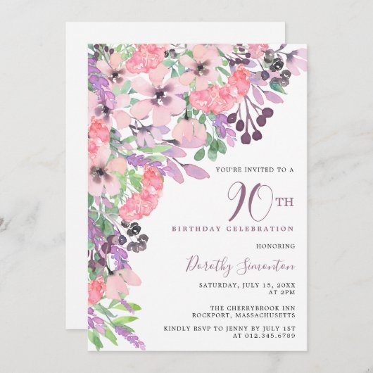 ほこりっぽいピンクパープルワイルドフラワー90誕生日 招待状 (正面/裏面)