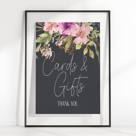ほこりっぽいピンクパープル結婚フローラのカードとギフトサイン ポスター