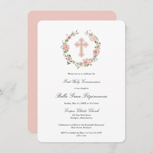 ほこりっぽいピンクフローラクロスリース第1聖餐式 招待状 (正面/裏面)