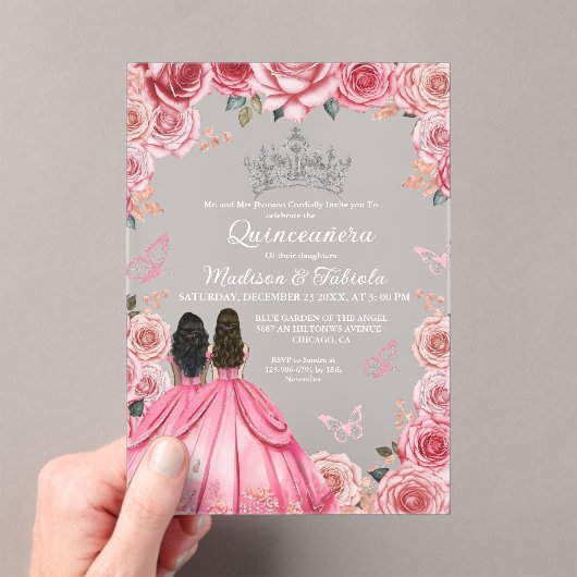 ほこりっぽいピンクフローラバタフライツインガールキンセアニェラ アクリル招待状 (インサイチュ (ポータブル))