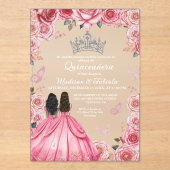 ほこりっぽいピンクフローラバタフライツインガールキンセアニェラ アクリル招待状 (正面)