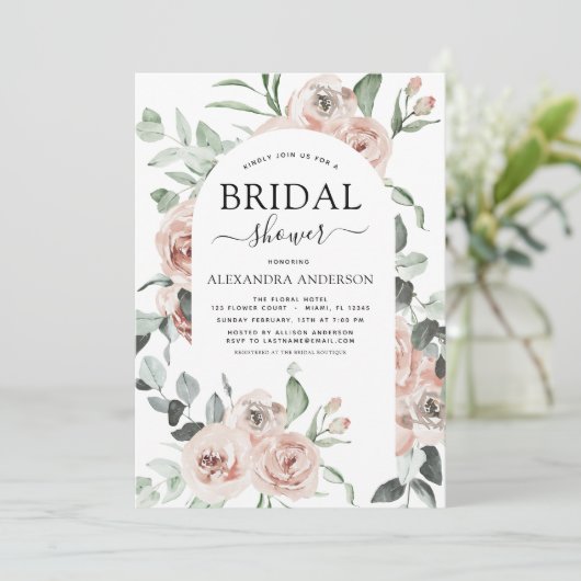 ほこりっぽいピンクフローラブライダルシャワー緑 招待状 (スタンド正面)