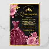 ほこりっぽいピンクフローラプラムガウン黒キンセアニェラ金ゴールド 箔招待状 (正面)