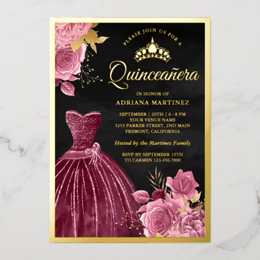 ほこりっぽいピンクフローラプラムガウン黒キンセアニェラ金ゴールド 箔招待状 (正面)