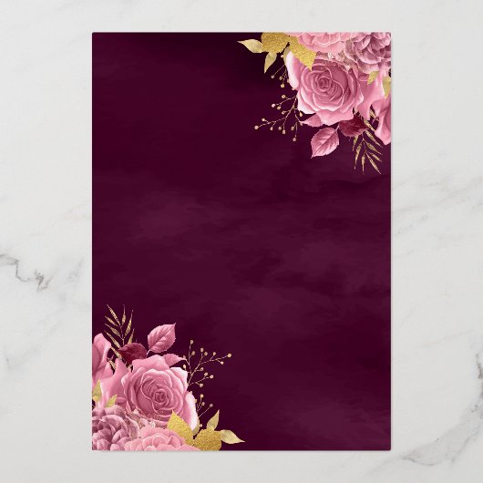 ほこりっぽいピンクフローラプラムガウン黒キンセアニェラ金ゴールド 箔招待状 (裏面)