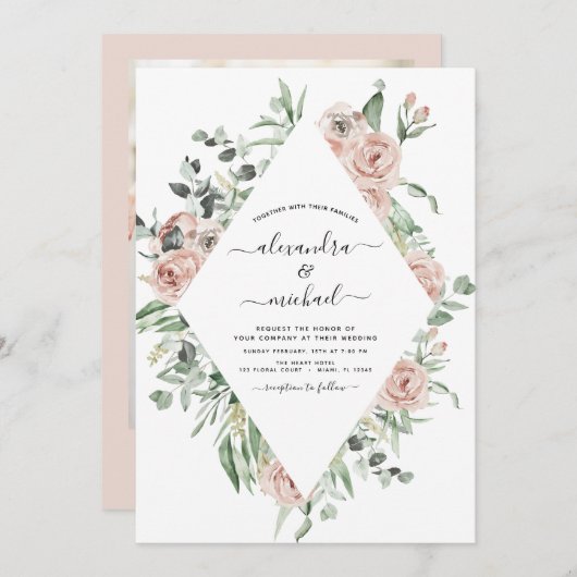 ほこりっぽいピンクフローラユーカリ結婚ス写真 招待状 (正面/裏面)