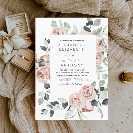 ほこりっぽいピンクフローラユーカリ結婚ス・グリーンのインビ 招待状