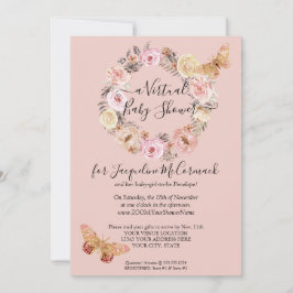 ほこりっぽいピンクフローラリースバタフライバーチャルシャワー 招待状