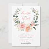 ほこりっぽいピンクフローラリース結婚スクリプト 招待状 (正面)