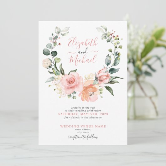 ほこりっぽいピンクフローラリース結婚スクリプト 招待状 (スタンド正面)