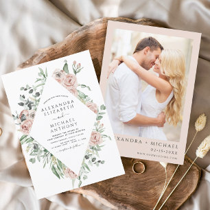 ほこりっぽいピンクフローラ写真ユーカリ結婚のインビタット 招待状