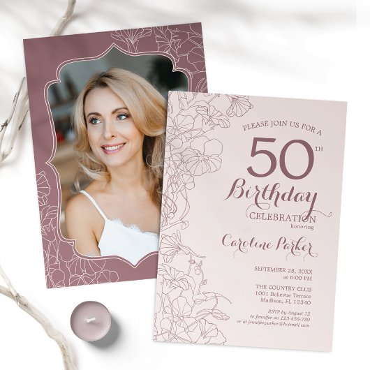 ほこりっぽいピンクフローラ写真50th誕生日パーティー 招待状