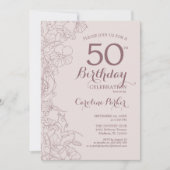 ほこりっぽいピンクフローラ写真50th誕生日パーティー 招待状 (正面)