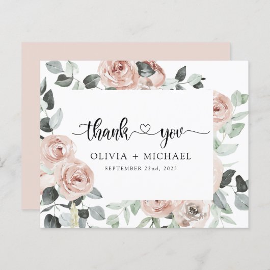 ほこりっぽいピンクフローラ緑ありがとう招待状 (正面/裏面)