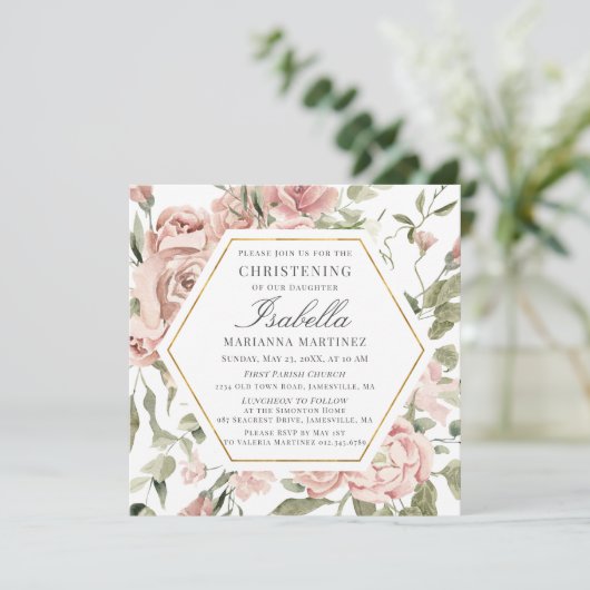 ほこりっぽいピンクフローラ金ゴールドフレーム《キリスト教》洗礼式や命名式 招待状 (スタンド正面)