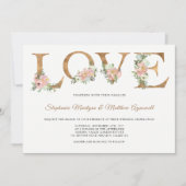 ほこりっぽいピンクフローラ金ゴールドラブボタニッ結婚クス 招待状 (正面)