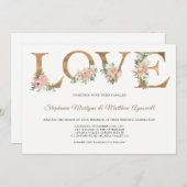 ほこりっぽいピンクフローラ金ゴールドラブボタニッ結婚クス 招待状 (正面/裏面)
