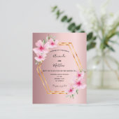 ほこりっぽいピンクフローラ金ゴールド結婚式招待状 ポストカード (スタンド正面)
