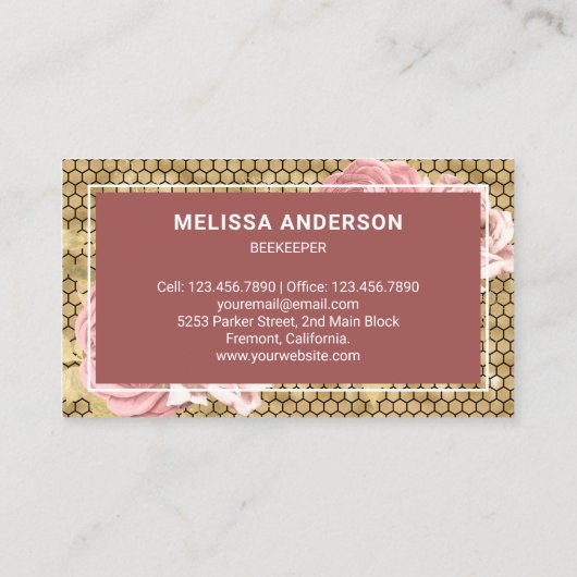 ほこりっぽいピンクフローラ金箔ハニカムハニービー 名刺 (裏面)